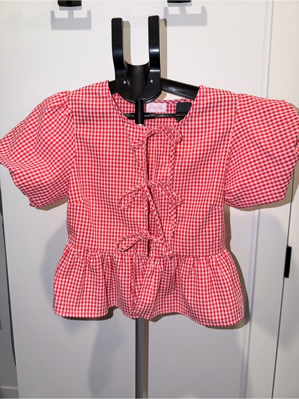 Red Gingham Peplum Tie-Front Top - Women
